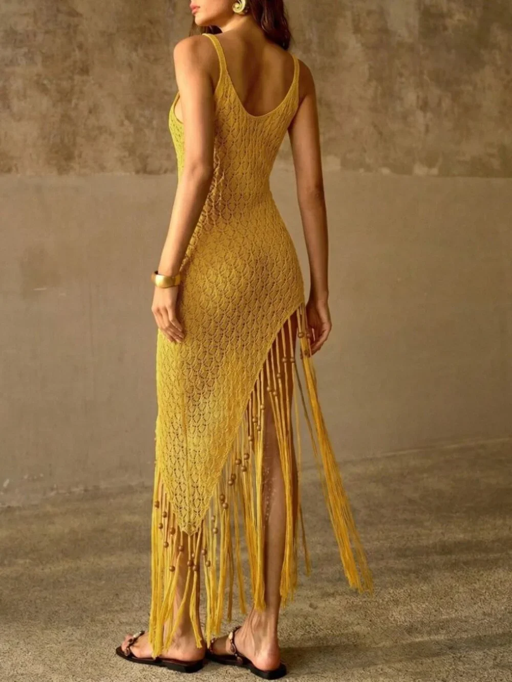 Mustard Yellow Crochet Knit Fringe Maxi Dress
